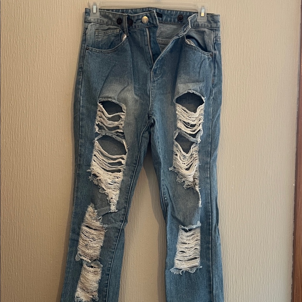 Classic Blue Distressed Straight Leg Jeans